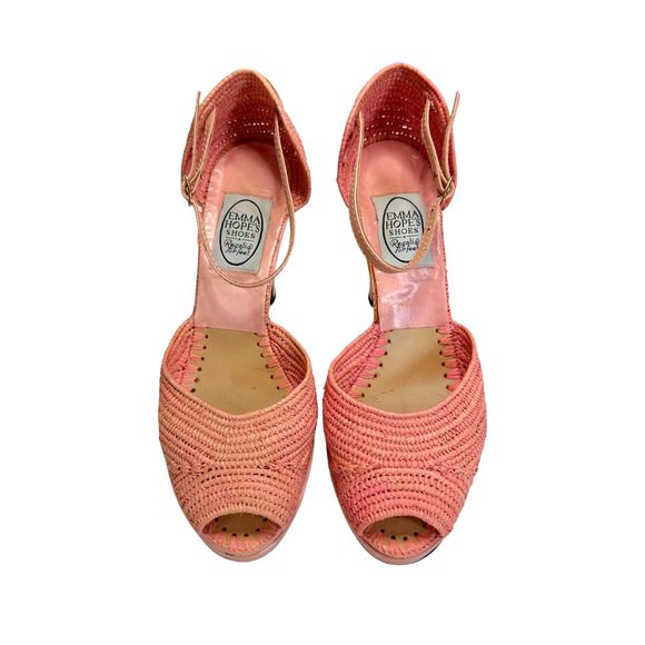 Vintage EMMA HOPE Pink Raffia Platform Heels, Size 9.5 - Picture 5 of 9